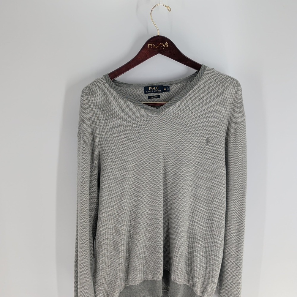 Vintage Polo‎ Ralph Lauren V-Neck Herringbone Pima Cotton Sweater Gray Size XL